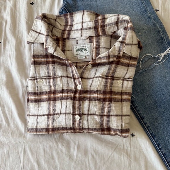 American Eagle Outfitters Women Cropped Brown Plaid Shirt Size Medium - Picture 1 of 4